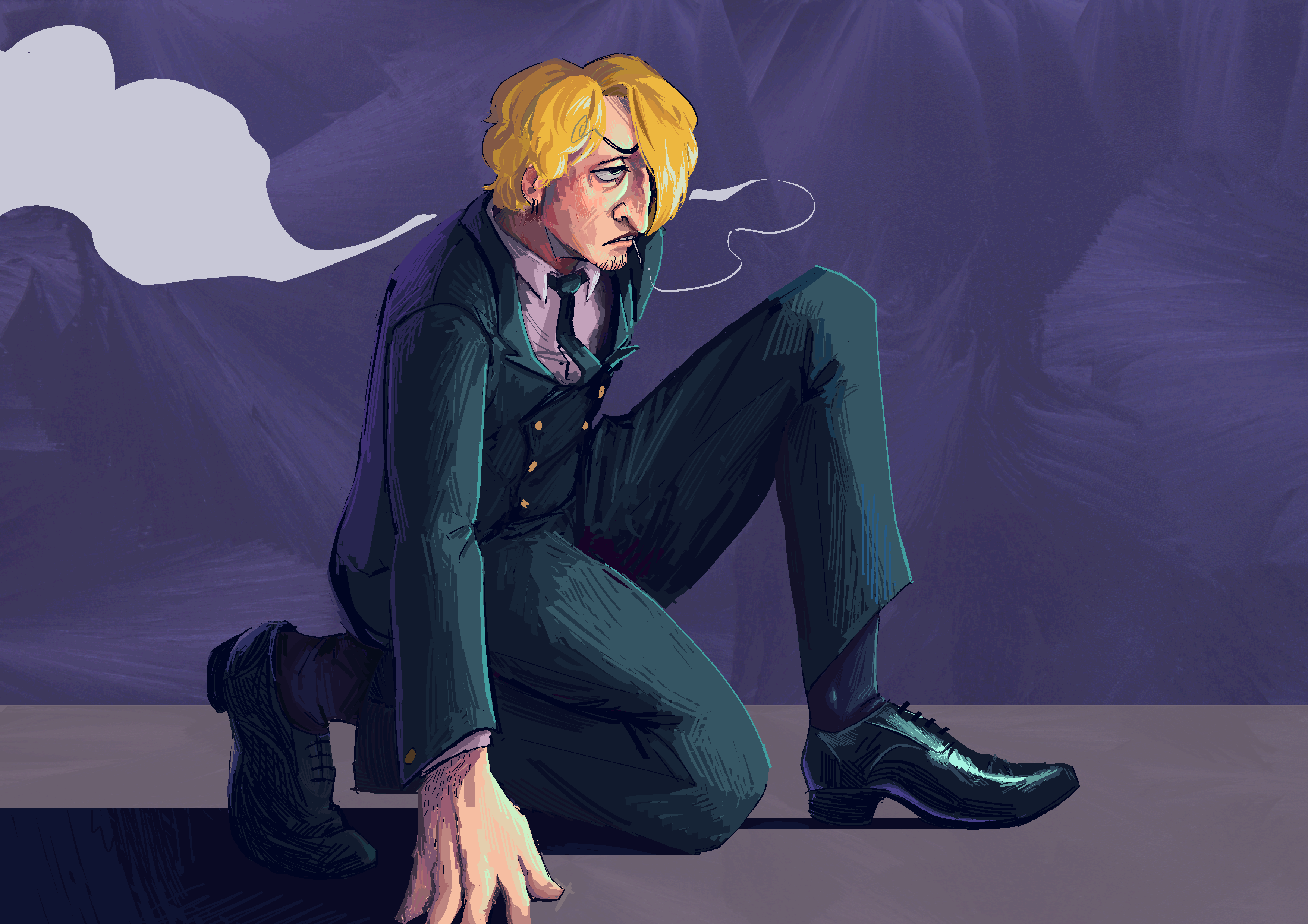 A digital painting of Sanji from One Piece. He's crouched down, one foot planted on the ground like he's about to launch back up. He's painted a bit roughly, with hard hatching brushstrokes. The colors are largely teals and purples, with his yellow hair contrasting starkly.